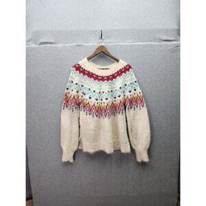 Time And Tru Womens Medium (8-10) Winter White Fair Isle Sweater With Multicolor